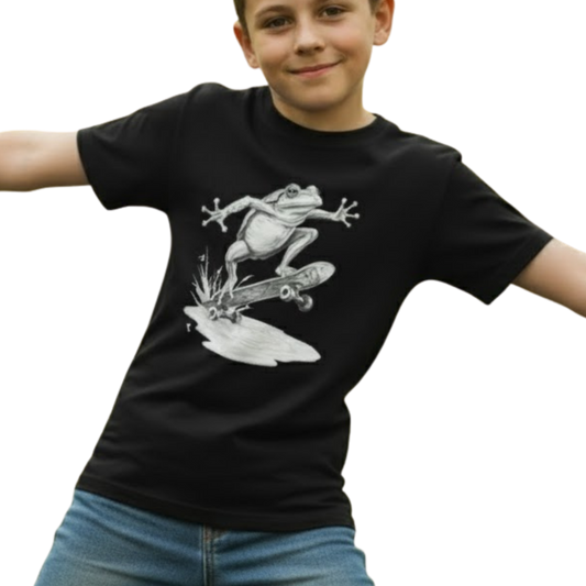 Ollie Frog: Kids/Youth Skater Tee Black on a transparent background 