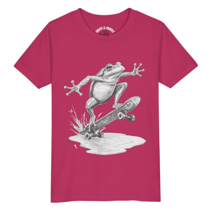 Ollie Frog: Kids/Youth Skater Tee pencil drawing and Berry colored T-Shirt