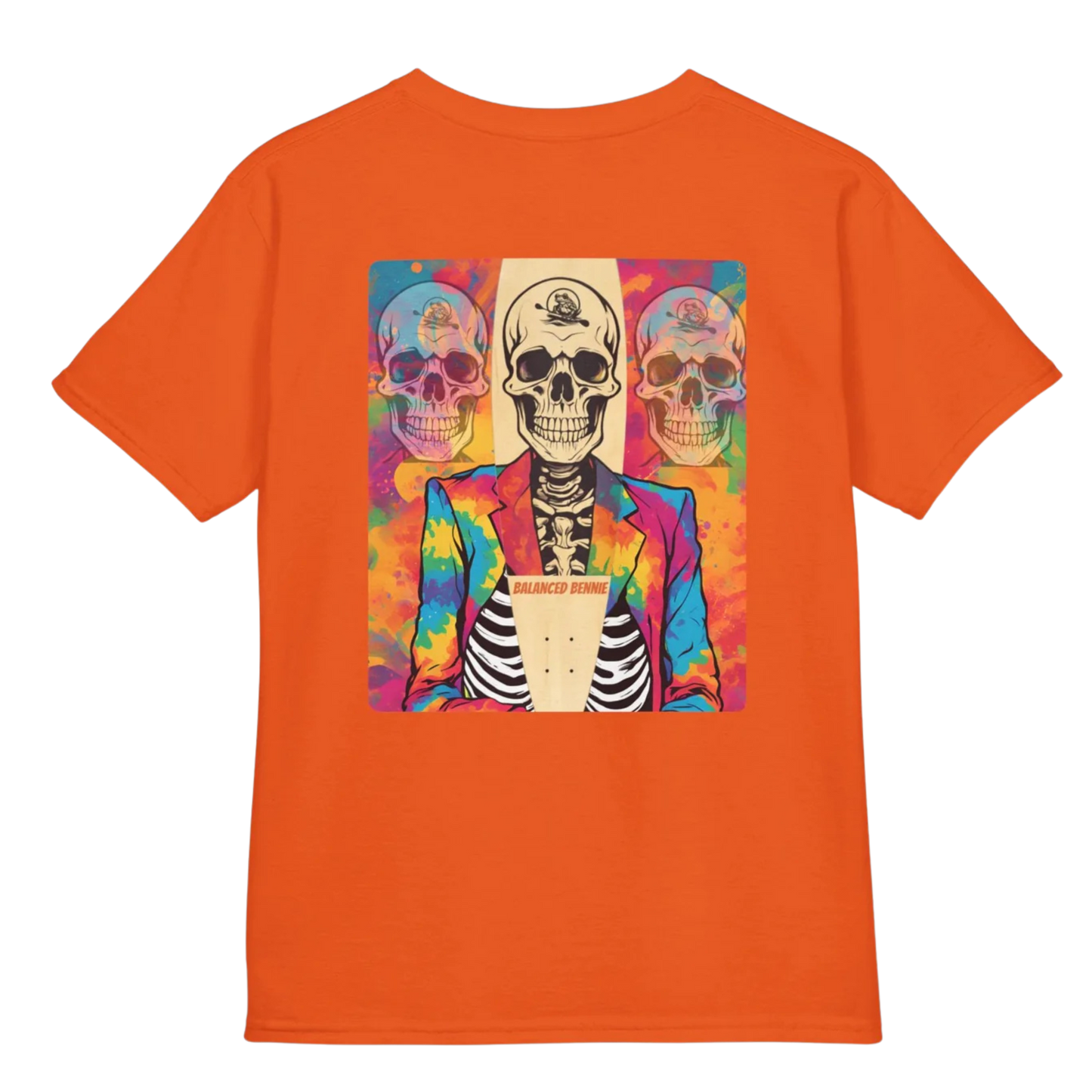Orange t-shirt with a colorful graphic of a skeleton wearing a jacket on a white background -  Balanced Bennie | Youth T-Shirt | Paddle Frogs
