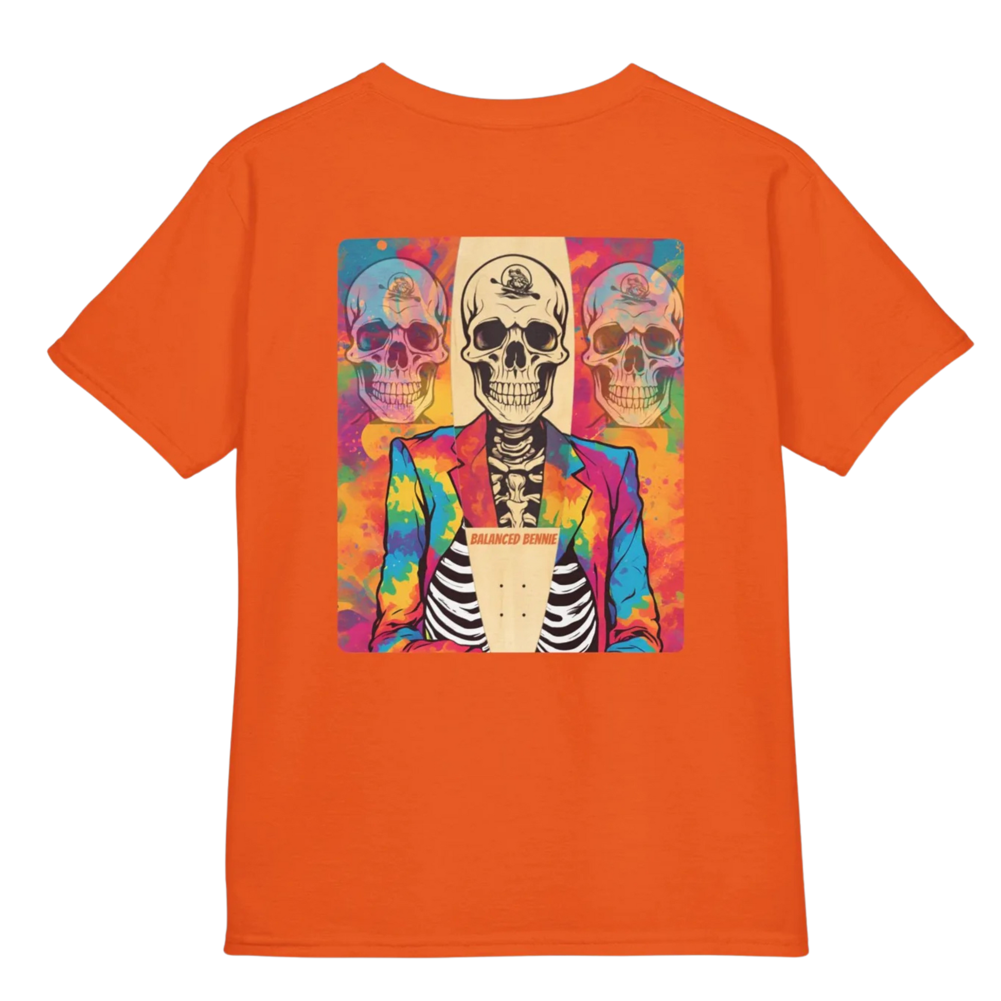 Orange t-shirt with a colorful graphic of a skeleton wearing a jacket on a white background -  Balanced Bennie | Youth T-Shirt | Paddle Frogs