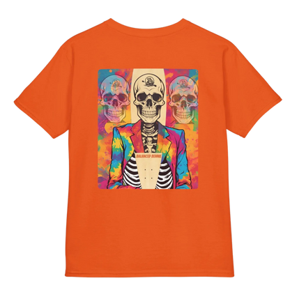 Orange t-shirt with a colorful graphic of a skeleton wearing a jacket on a white background -  Balanced Bennie | Youth T-Shirt | Paddle Frogs