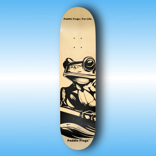 Original 7-Layer Maple Skateboard Deck - Paddle Frogs | Skateboard deck with frog graphic and 'Paddle Frogs' branding on a blue gradient background