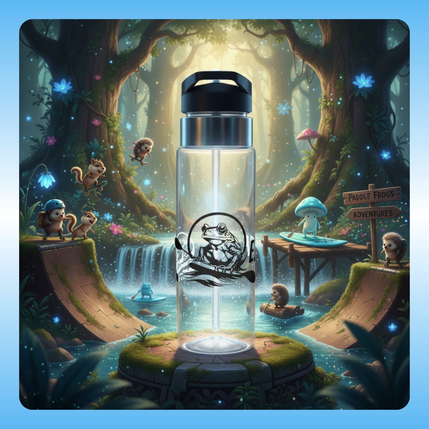 Original Paddle Frogs Logo drinking vessel | Crystal Clear Water Bottle | Paddle Frogs Outdoor Gear | Clear water bottle with a frog logo in a fantasy forest setting