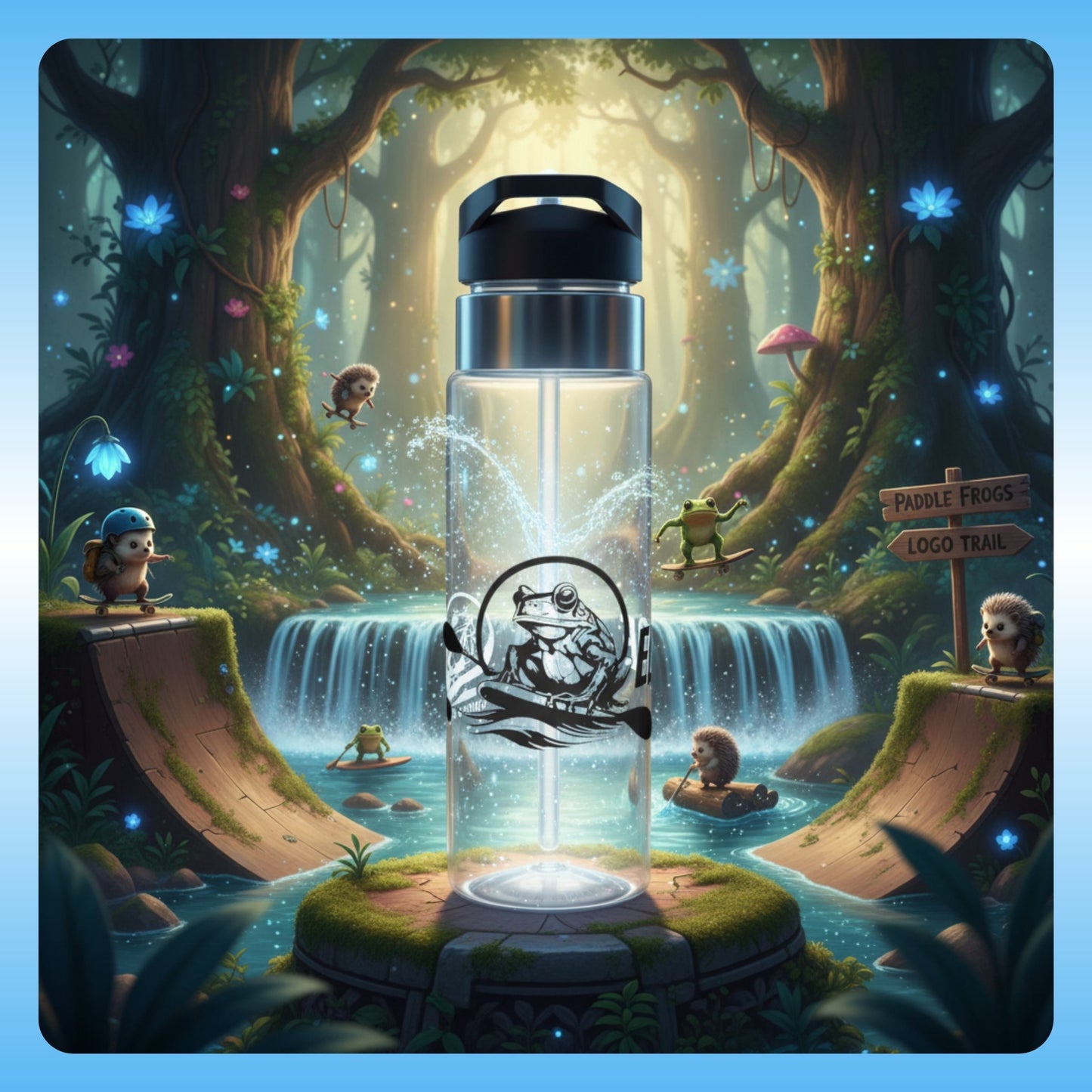 Original Paddle Frogs Logo drinking vessel | Crystal Clear Water Bottle | Paddle Frogs Outdoor Gear Clear water bottle with a logo in a fantasy forest setting