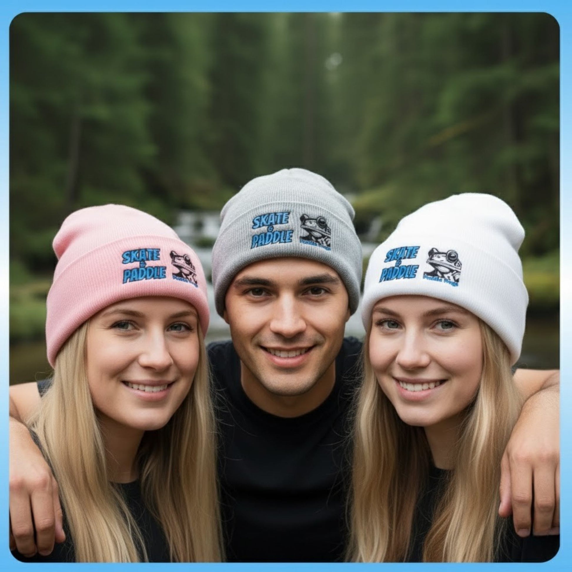 Original Skate & Paddle Beanie Cap by Paddle Frogs Outdoor Gear- selfie at the waterfall Pink, gray, white