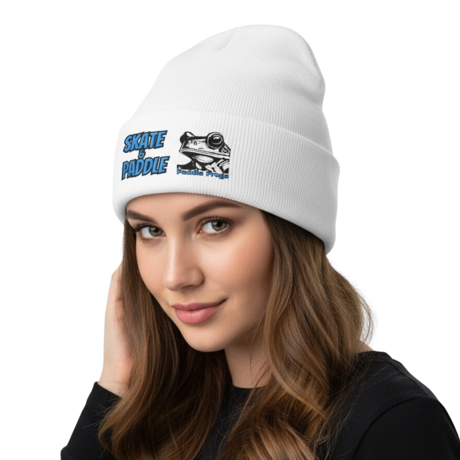 Original Skate & Paddle Beanie Cap by Paddle Frogs Woman wearing a white beanie with a logo and text on a white background