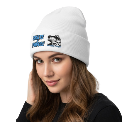 Original Skate & Paddle Beanie Cap by Paddle Frogs Woman wearing a white beanie with a logo and text on a white background