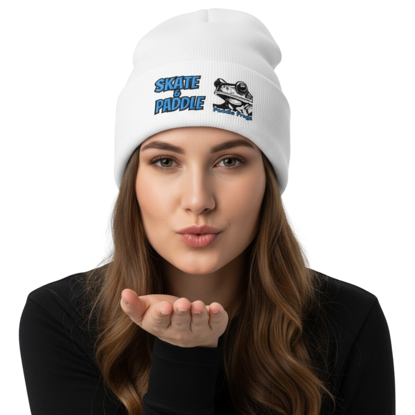 Woman wearing a white beanie with a logo and text, blowing a kiss.