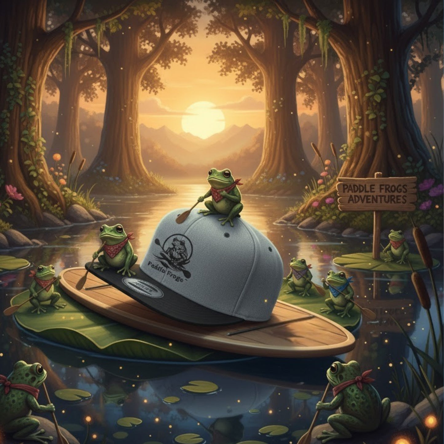 Frogs around a cap with paddle and 'Paddle Frogs Adventures' sign in a forest lake setting