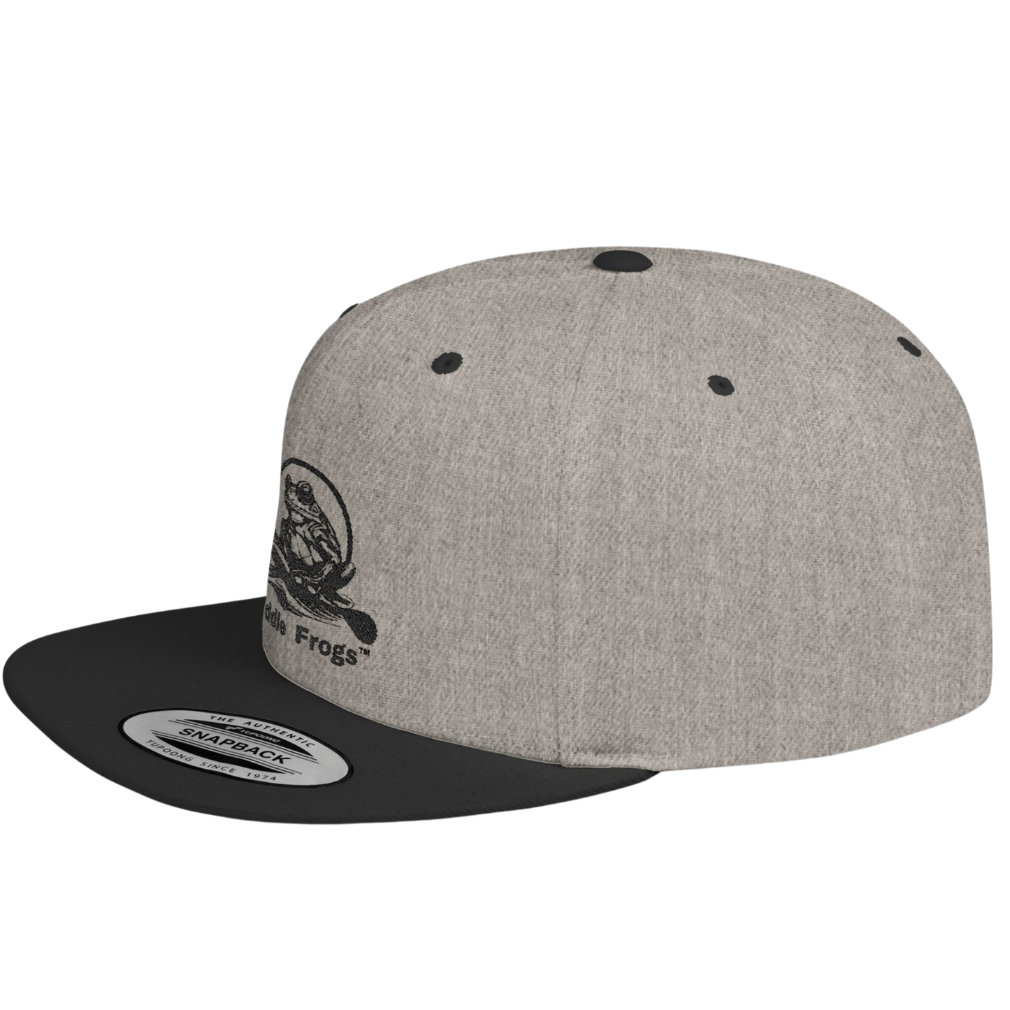 Gray and black snapback cap with a Paddle Frogs logo on a transparent background