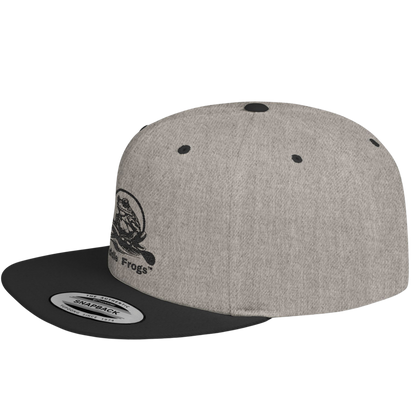 Gray and black snapback cap with a Paddle Frogs logo on a transparent background