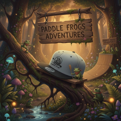 Cap with 'Paddle Frogs Adventures' logo in a fantasy forest setting