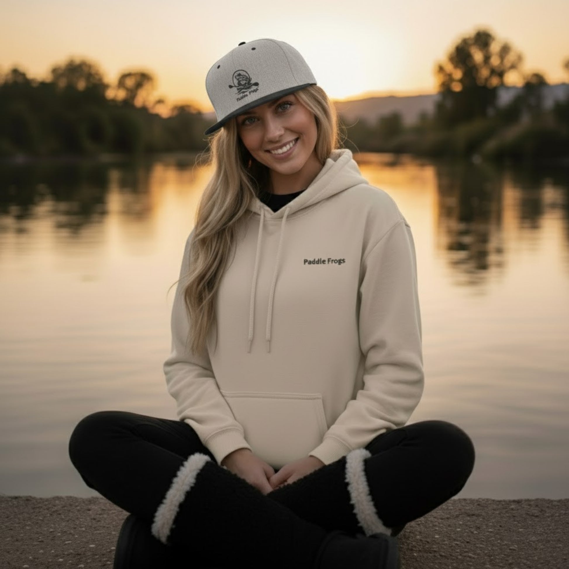 Woman sitting by a lake wearing a beige hoodie and cap with 'Paddle Frogs' branding.