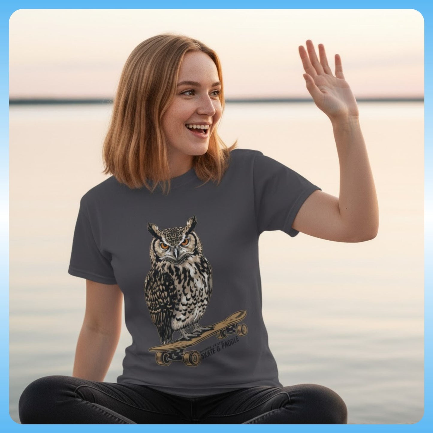 Owl Skate & Paddle Tee - Paddle Frogs™ Outdoor Gear pro skate & paddle board shop - lady sitting crisscross applesauce at the lake waiving at her friend