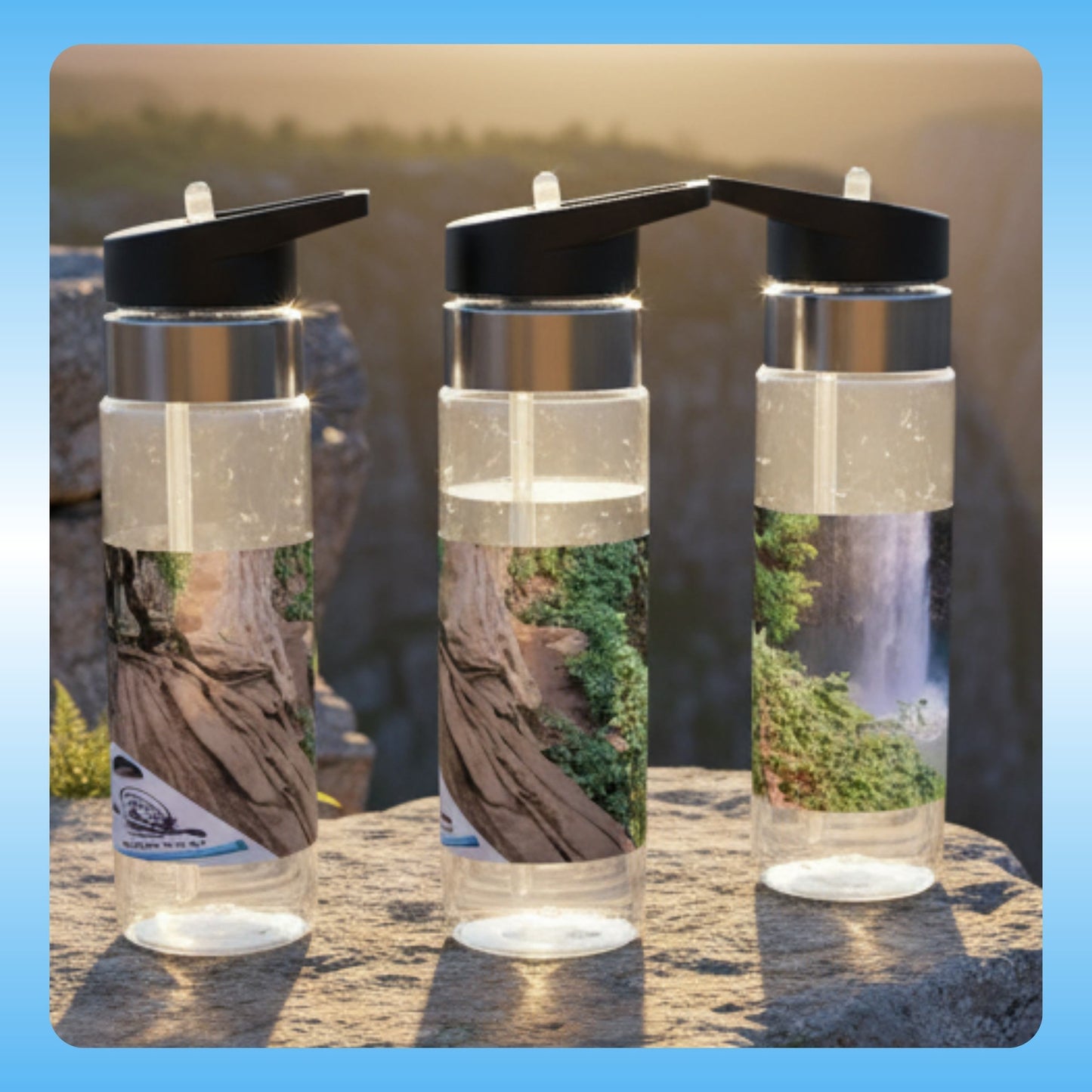 Ozone Falls Edge Three transparent water bottles with black lids, each featuring a different natural landscape print on a scenic background.