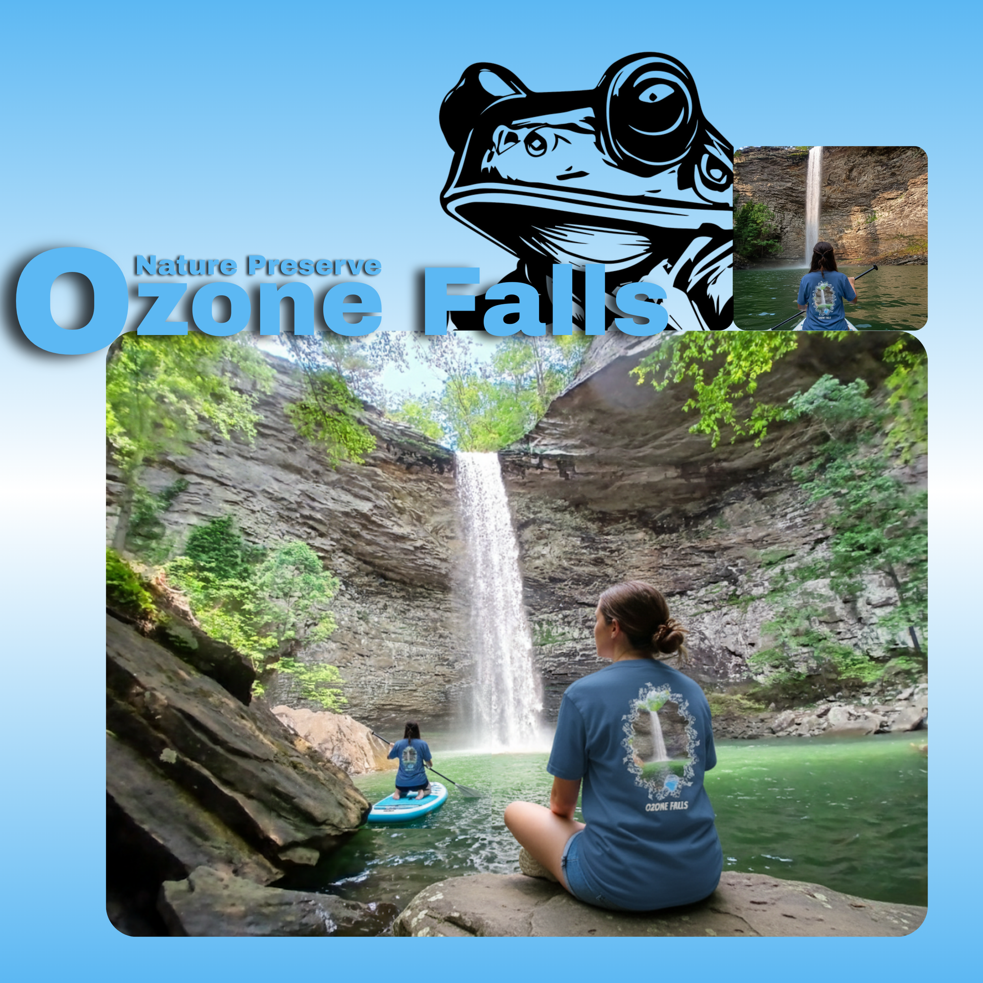 Ozone Falls Nature Preserve Photography by Paddle Frogs™ paddle boarding and modeling t-shirt and Divine Escape People enjoying a waterfall at Ozone Falls Nature Preserve with a person sitting on a rock and another on a kayak/paddle board.