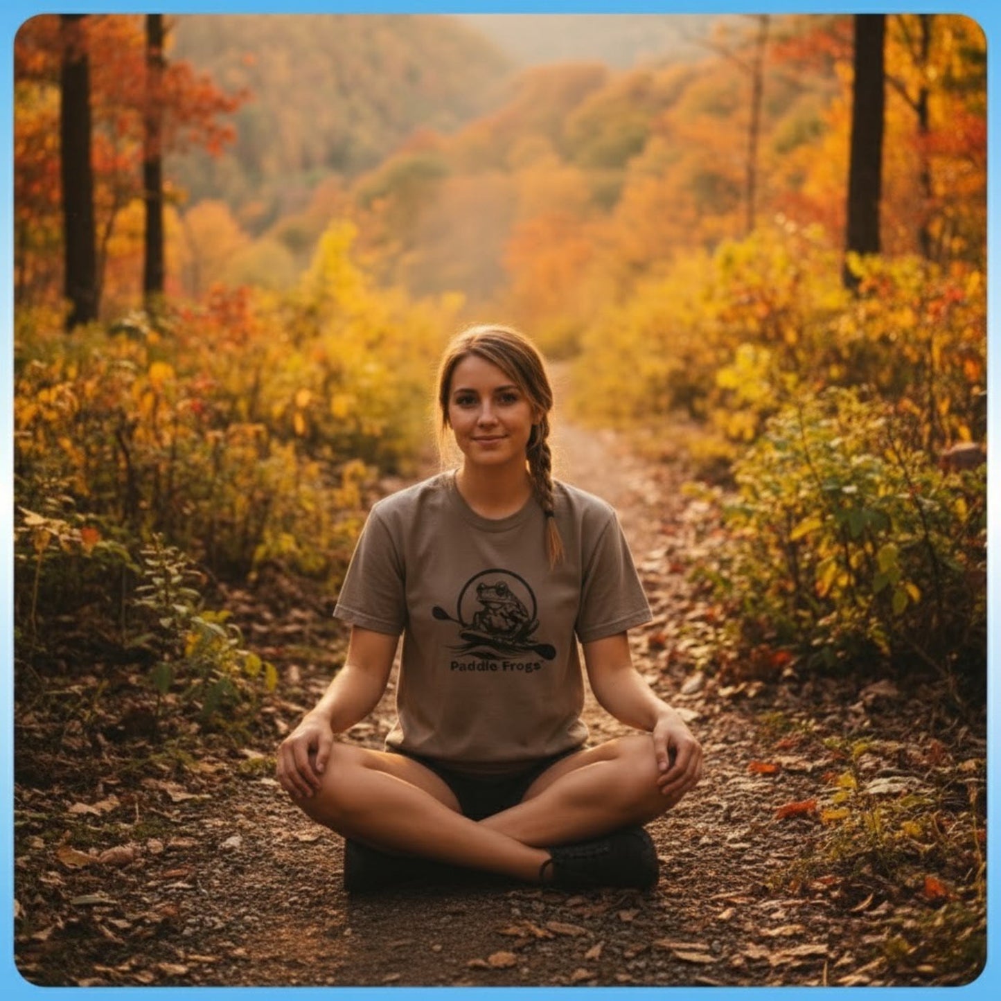 Ozone Falls | Plunge Waterfall Tee - Rockwood, TN Faded Brown sitting crisscross applesauce on a beautiful autumn day in the wooded trails