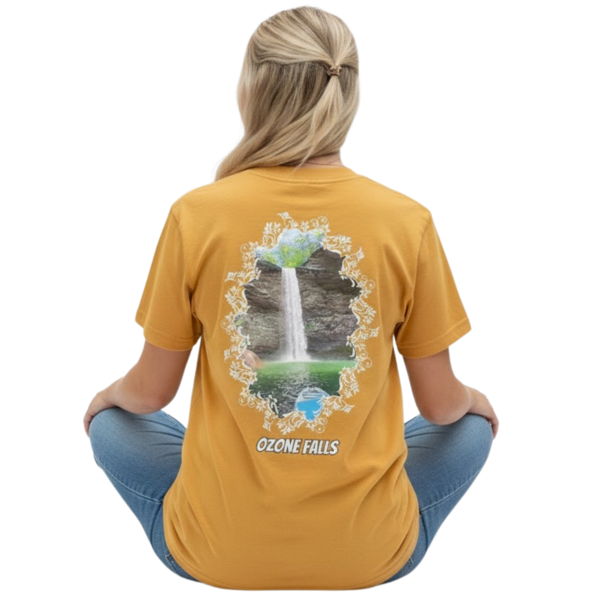 Ozone Falls | Plunge Waterfall Tee - Rockwood, TN faded mustard - Paddle Frogs™ Skate & Paddle lady model sitting crisscross applesauce on a transparent background