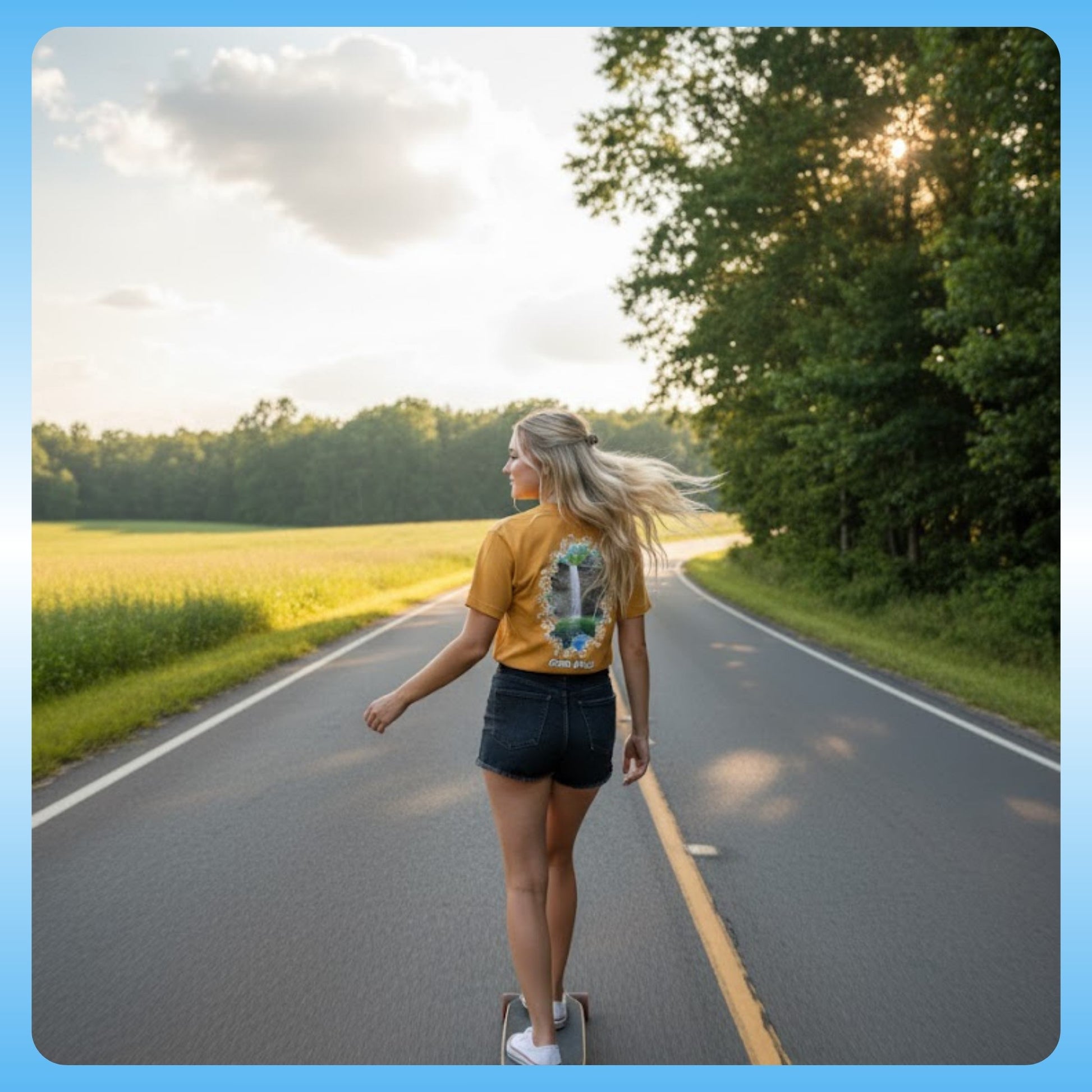 Ozone Falls | Plunge Waterfall Tee - Rockwood, TN mustard yellow T-shirt blonde model longboard skating