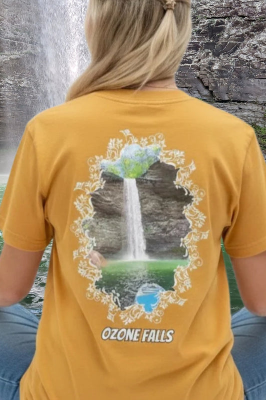 Ozone Falls | Plunge Waterfall Tee - Rockwood, TN faded mustard - Paddle Frogs™ Skate & Paddle lady model sitting crisscross applesauce