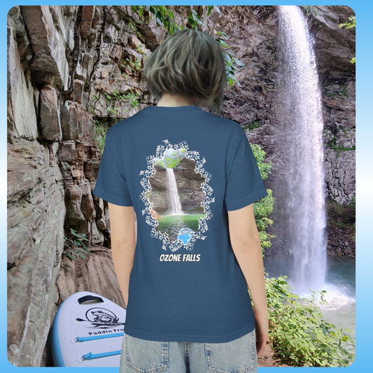 Ozone Falls Tee T-Shirt | Paddle Frogs | Rockwood Tennessee Tops | Person wearing a blue t-shirt with 'Ozone Falls' design in front of a waterfall.