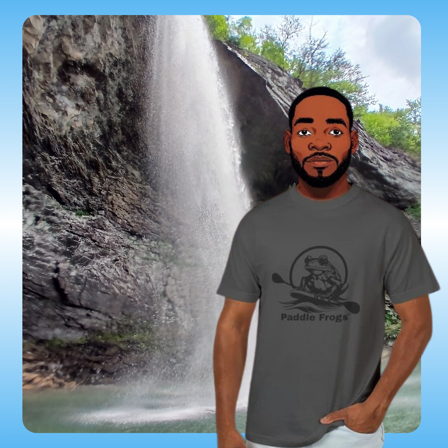 Ozone Falls Tee T-Shirt | Paddle Frogs | Rockwood Tennessee Tops | American man | Person wearing a gray t-shirt with 'Paddle Frogs' design in front of a waterfall.