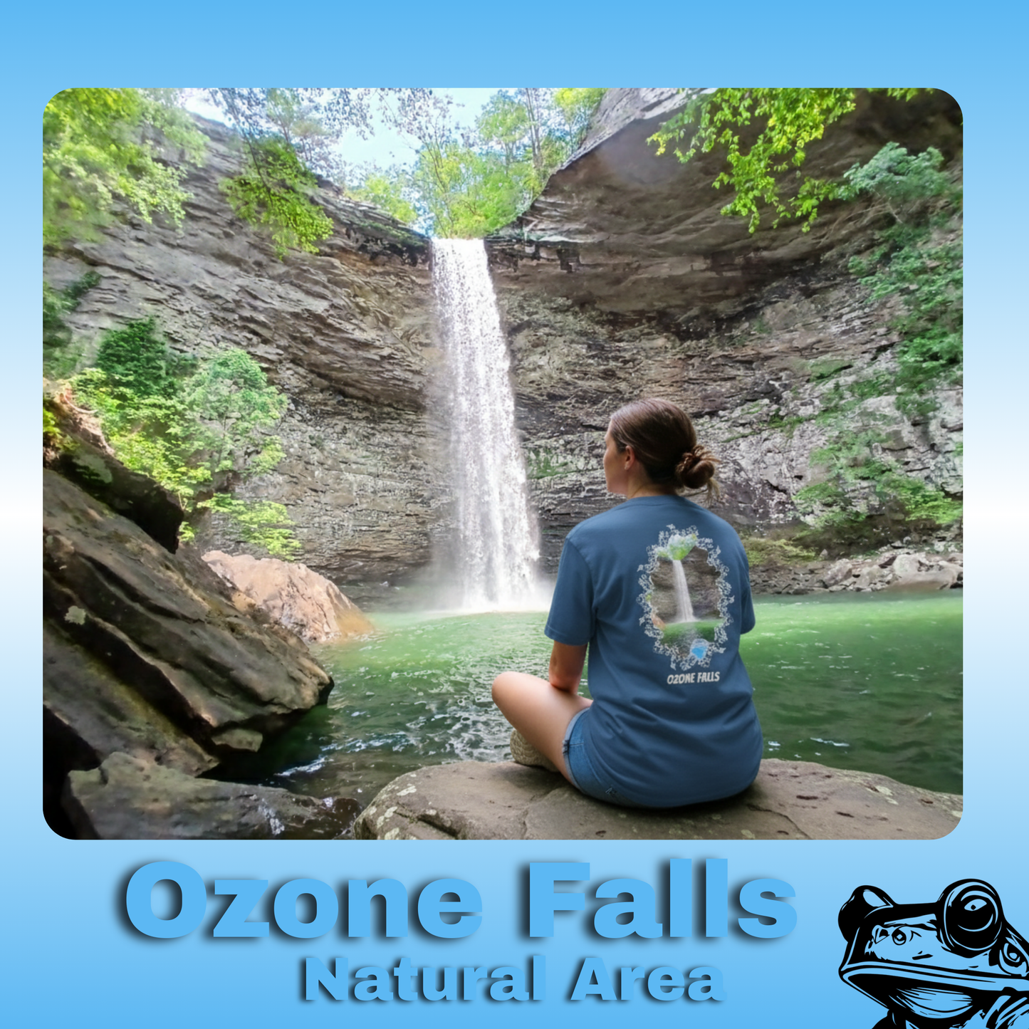 Ozone Falls Tee | T-Shirts (4 colors) Person sitting by a waterfall at Ozone Falls Natural Area