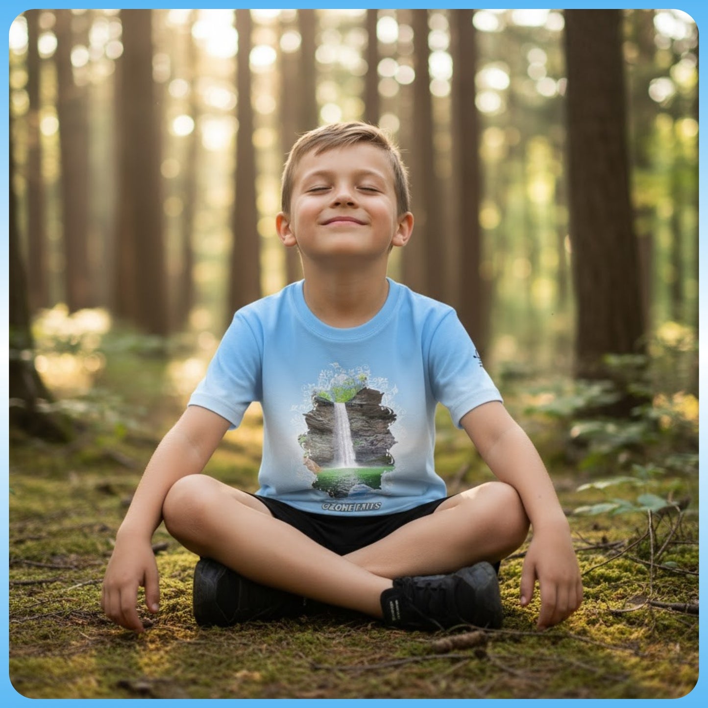 Ozone Falls | Youth Hiking Jersey sitting crisscross applesauce in the forest