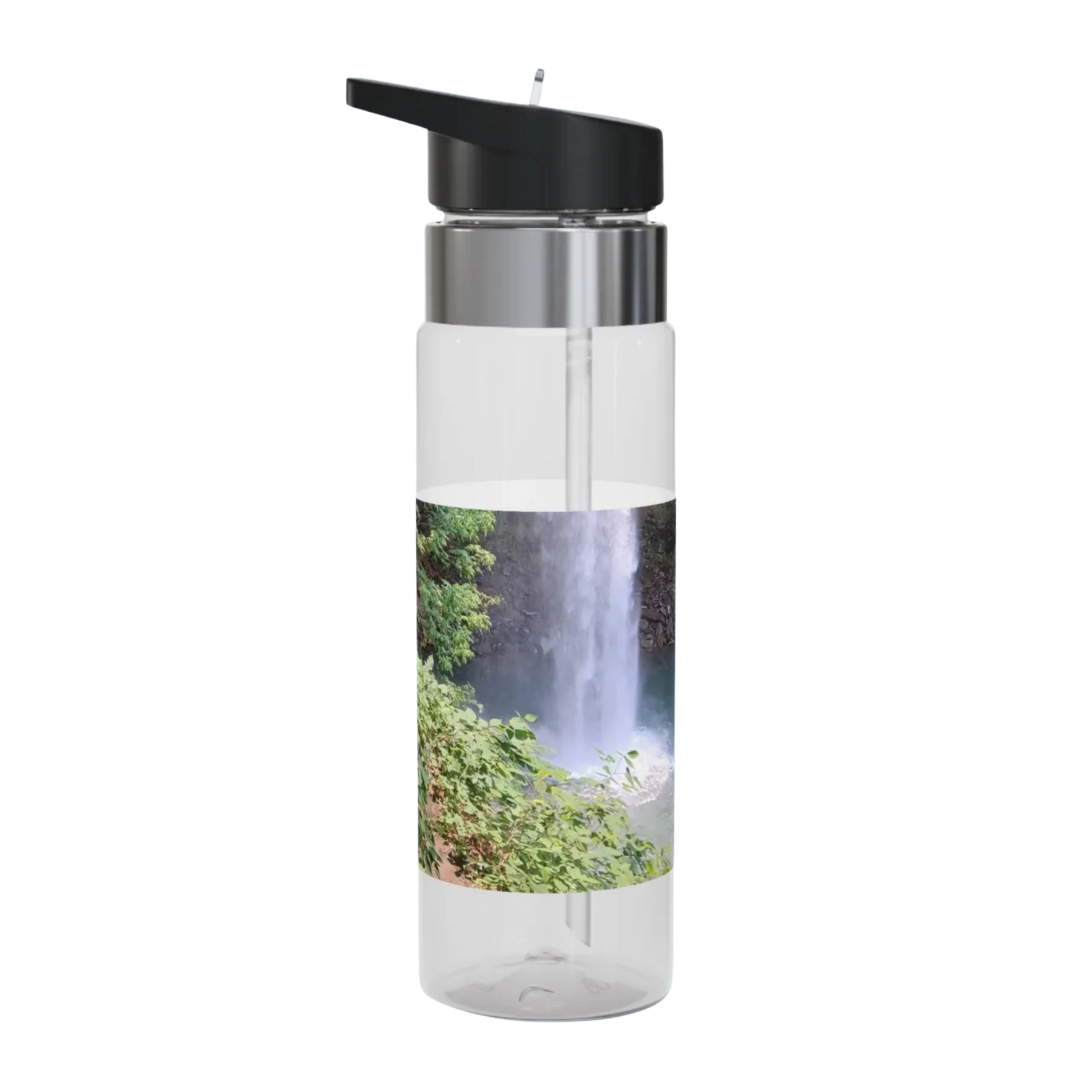 Ozone Falls waterfall Clear water bottle with black cap and nature-themed design on a white background