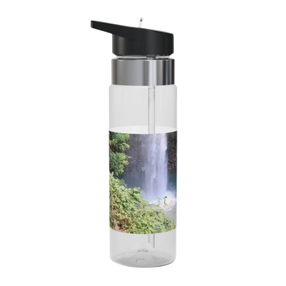 Ozone Falls waterfall Clear water bottle with black cap and nature-themed design on a white background
