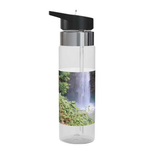 Ozone Falls waterfall Clear water bottle with black cap and nature-themed design on a white background