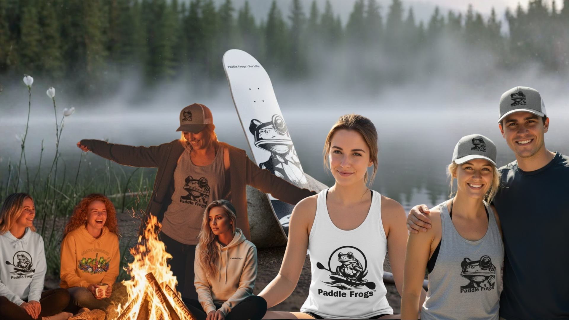 Group of people by a campfire, set against a forest and lake background.