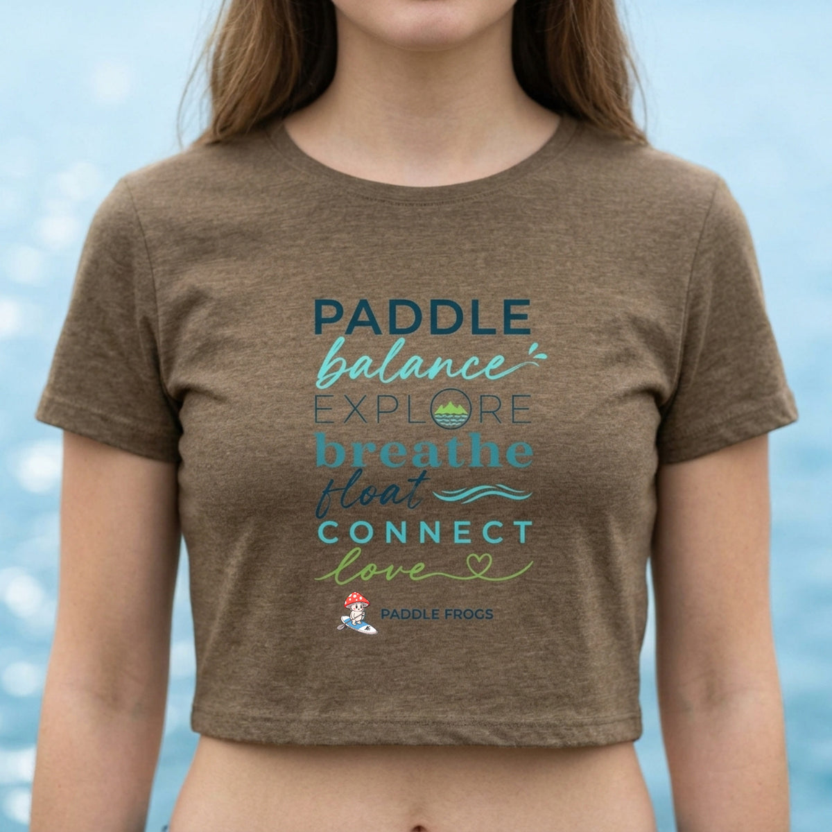 Paddle & Balance Women’s Crop Top | Paddle Frogs™ color Heather Olive SUP paddleboarding kayaking ladies shirt