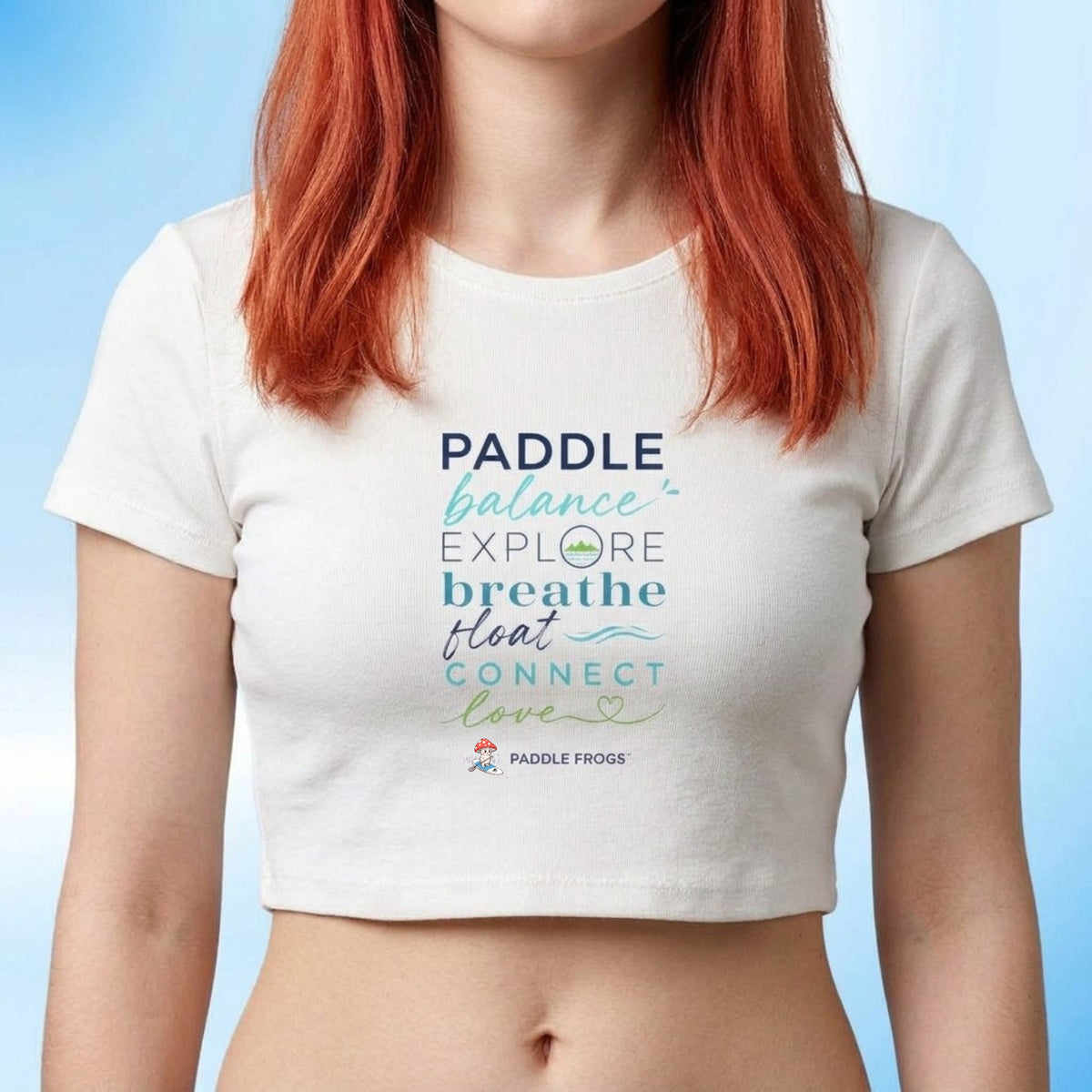 Paddle & Balance Women’s Crop Top | Paddle Frogs™ color White SUP paddleboarding kayaking ladies shirt modeled by Sarah