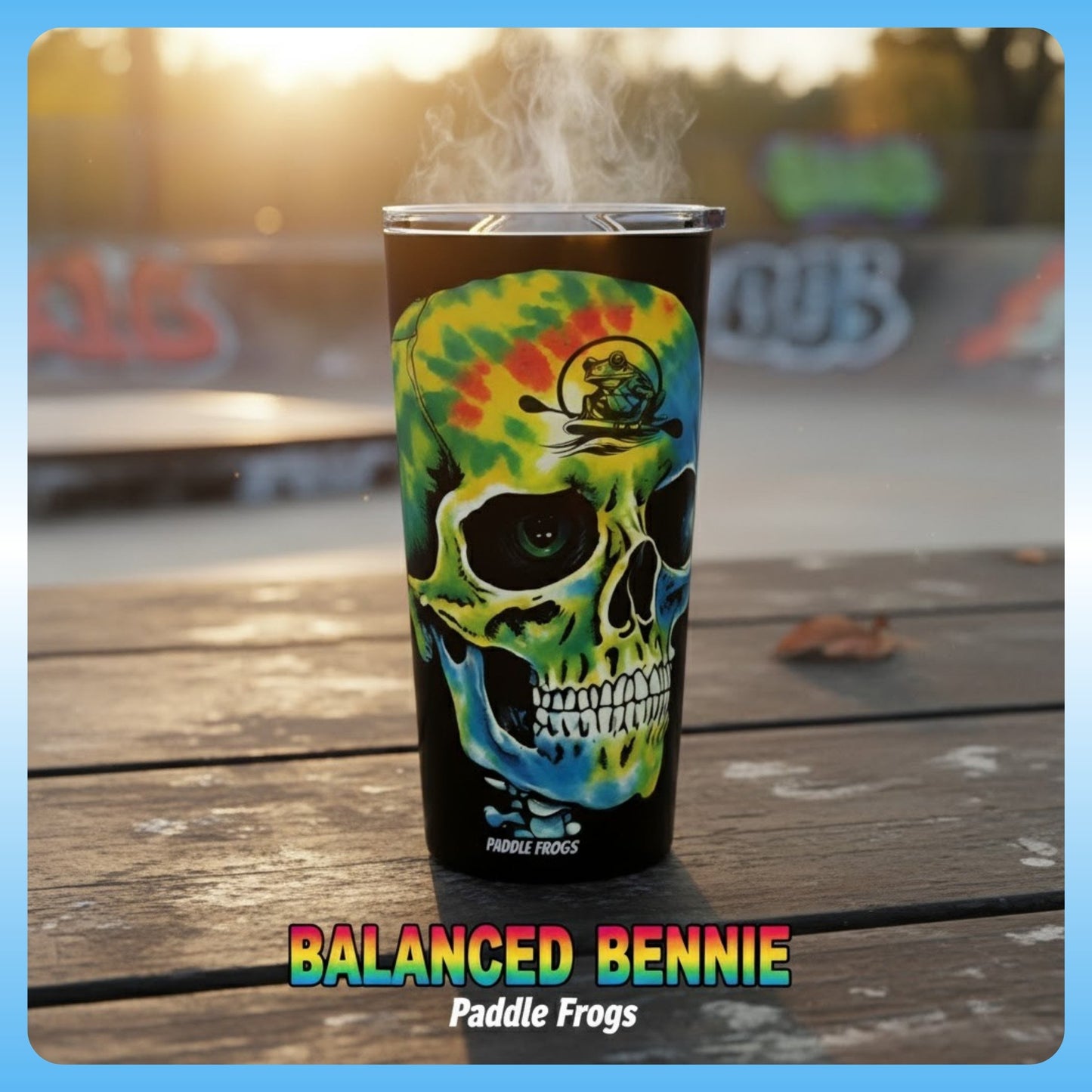 20oz Tumbler with colorful skull design on a wooden surface, featuring 'Balanced Bennie' and 'Paddle Frogs'.