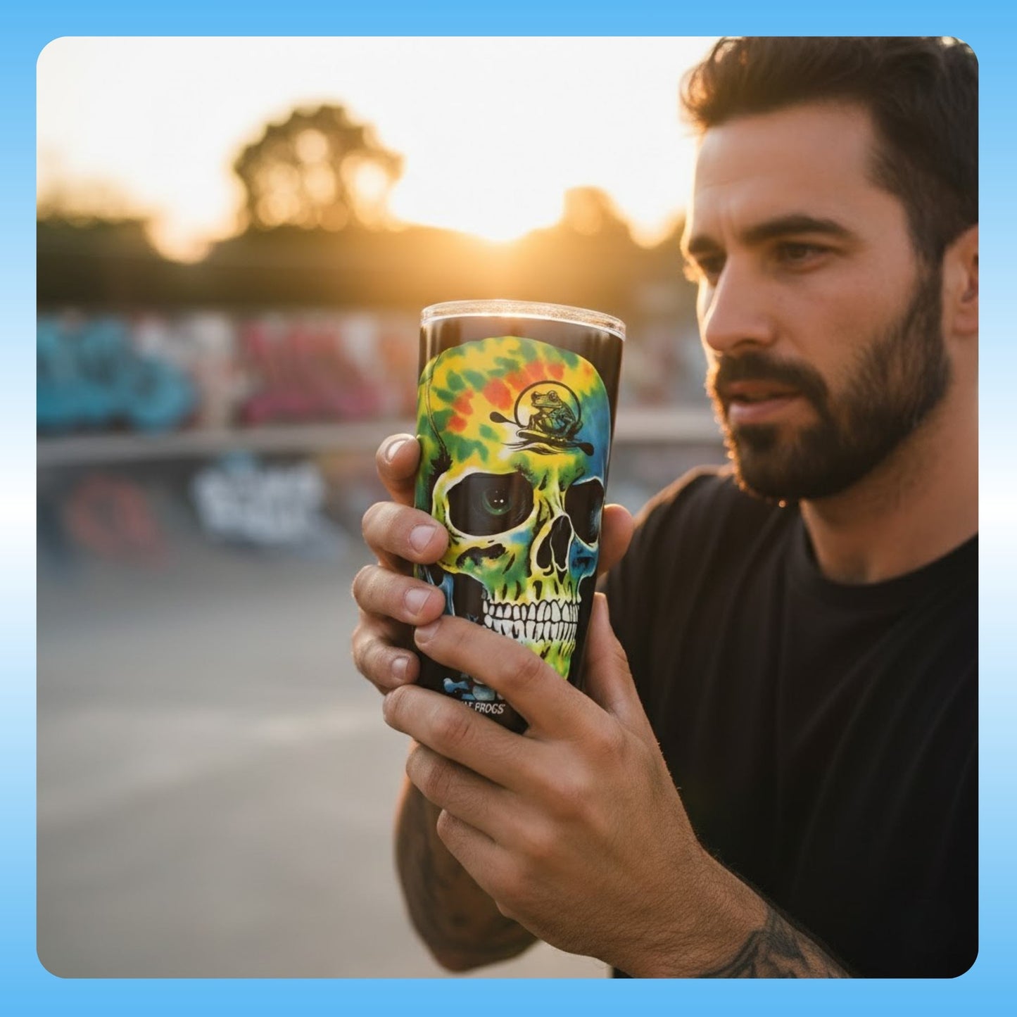 Paddle Frogs  Balanced Bennie - Tie Dye skeleton Skull quality Tumbler | 20oz | Man holding a colorful skull-themed tumbler with a blurred background