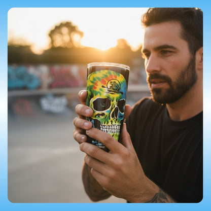 Paddle Frogs  Balanced Bennie - Tie Dye skeleton Skull quality Tumbler | 20oz | Man holding a colorful skull-themed tumbler with a blurred background
