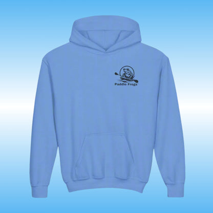 Paddle Frogs Blue Hoodie jacket for kids |Light blue hoodie with a logo on the chest against a gradient blue background
