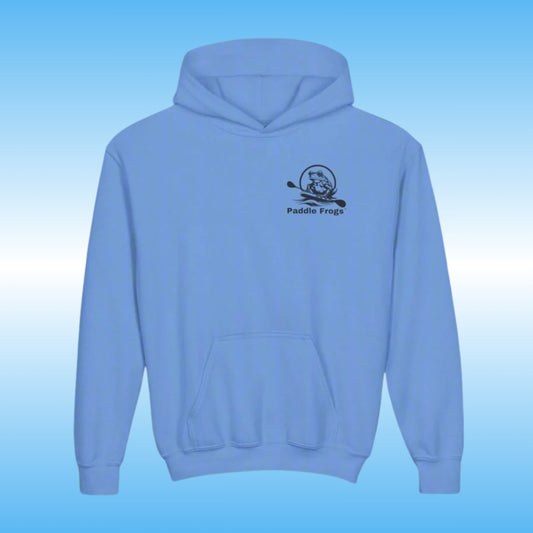 Paddle Frogs Blue Hoodie jacket for kids |Light blue hoodie with a logo on the chest against a gradient blue background