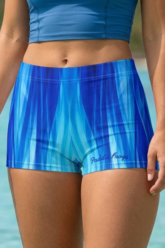 Paddle Frogs™ Blue Waterfall SUP Shorts for stand up paddleboarding and modest swimwear.