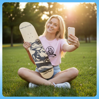Woman sitting on grass holding a skateboard and phone with a blurred background Paddle Frogs™ Canadian Maple 8.5 Logo Deck