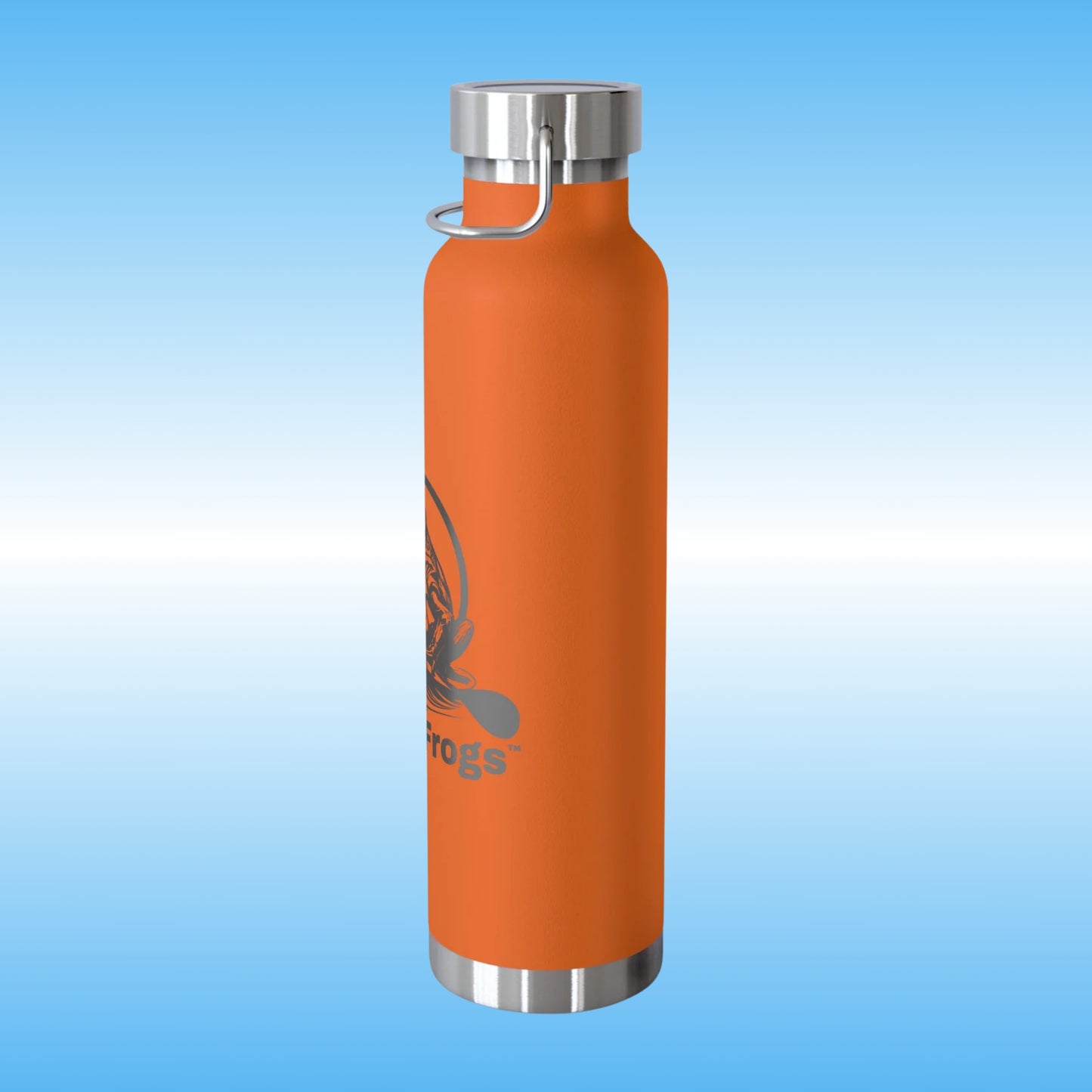 Paddle Frogs™ Copper Insulated Vacuum Sealed Beverage and Soup Bottle Image Left view of Paddle Screw on Lid TN Hunter Orange Right side view of Paddle boarding frog