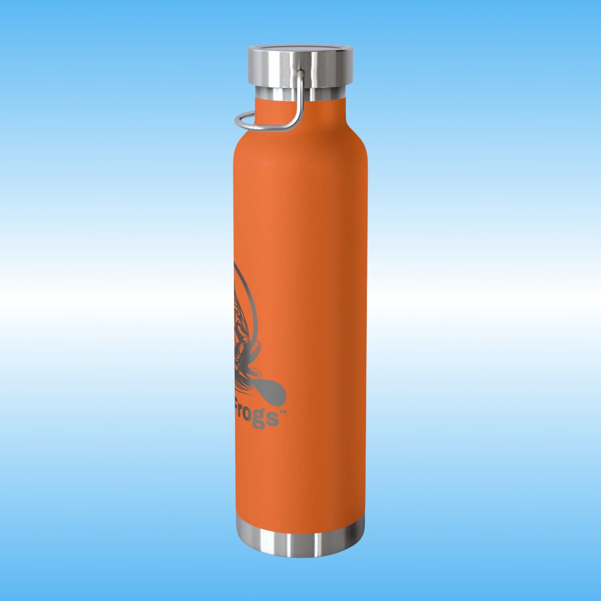 Paddle Frogs™ Copper Insulated Vacuum Sealed Beverage and Soup Bottle Image Left view of Paddle Screw on Lid TN Hunter Orange Right side view of Paddle boarding frog
