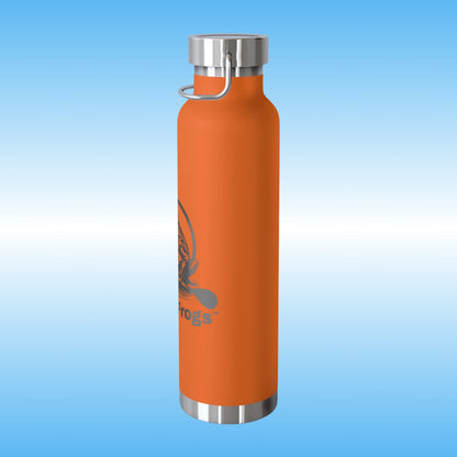 Paddle Frogs™ Copper Insulated Vacuum Sealed Beverage and Soup Bottle Image Left view of Paddle Screw on Lid TN Hunter Orange Right side view of Paddle boarding frog