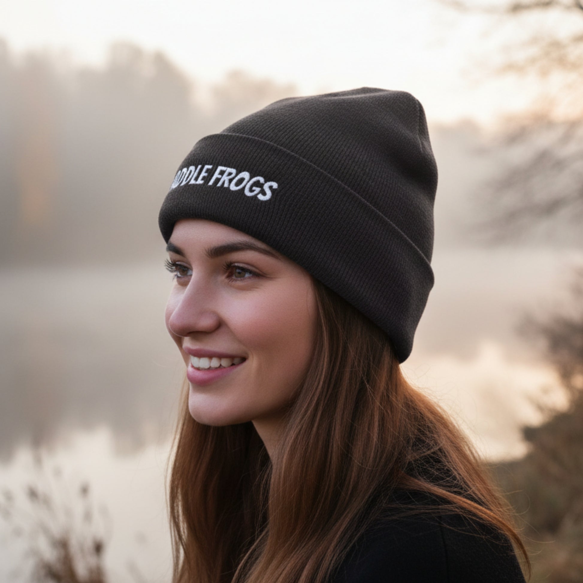 A woman wearing a dark gray knit beanie with white embroidered text reading 'PADDLE FROGS' in profile, photographed outdoors against a soft, misty lake background.