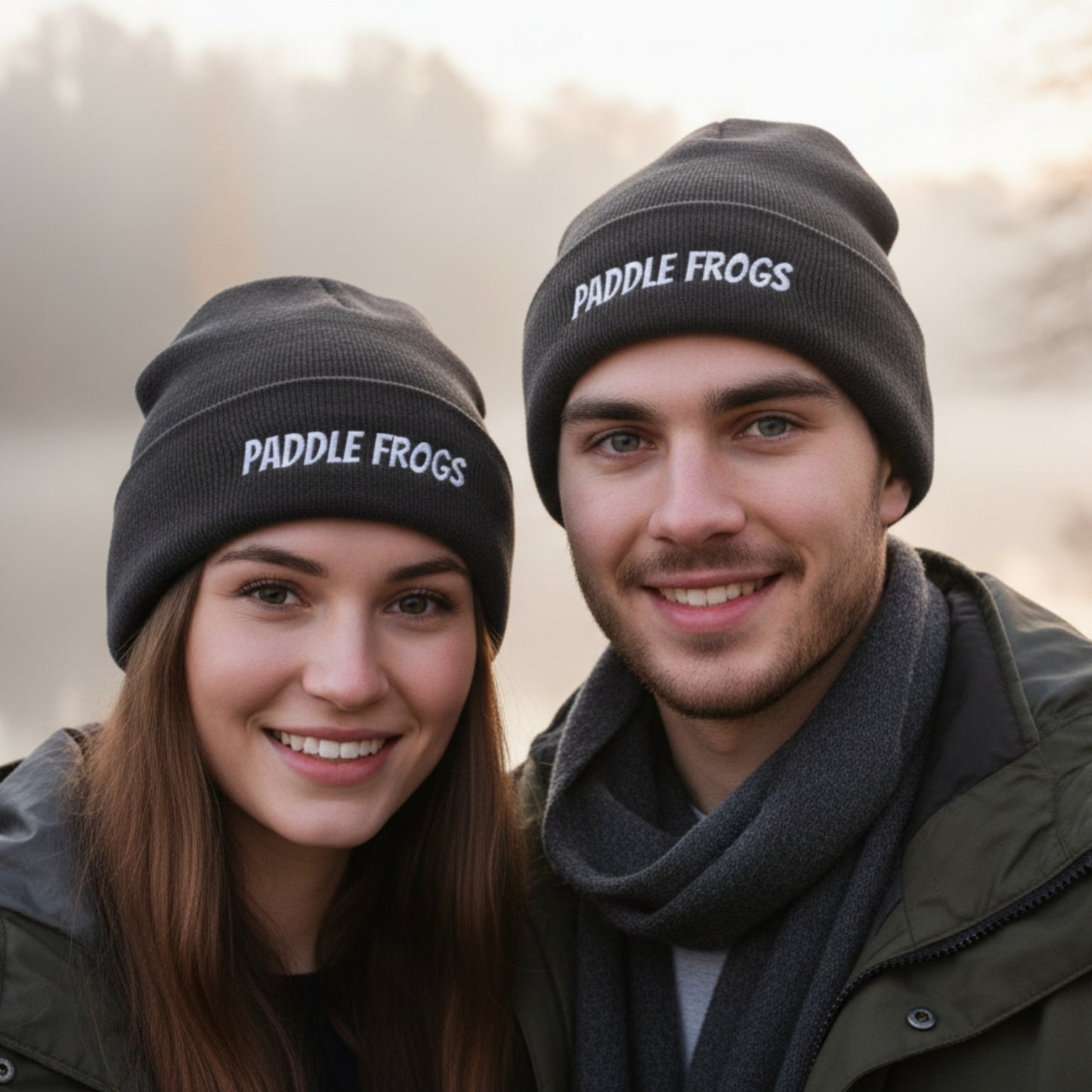 Two smiling people outdoors wearing matching dark gray beanie hats with white embroidered text reading 'PADDLE FROGS'.