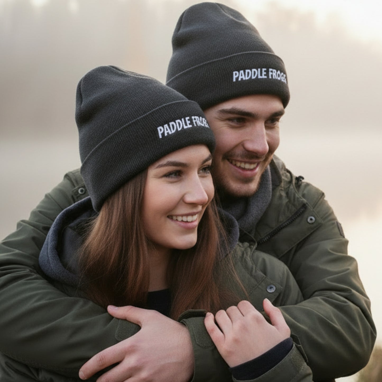 A smiling couple outdoors wearing matching dark gray knit beanie hats with white 'PADDLE FROGS' text on the front cuff. The woman is in front and the man is behind her, both wearing olive green jackets.
