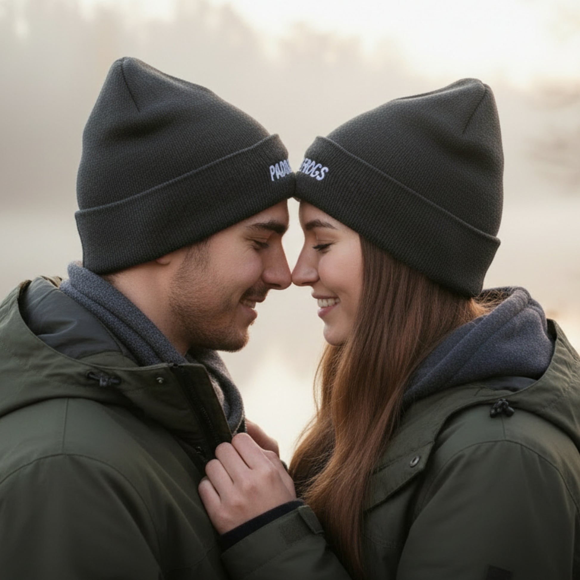 A man and a woman wearing matching dark gray Paddle Frogs knit beanie hats with white embroidered text, posed closely outdoors against a soft, blurred background.