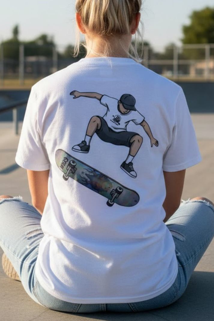 Skater sitting crisscross applesauce wearing a white Germ Skateboarder Kickflip Graphic Tee by Paddle Frogs™