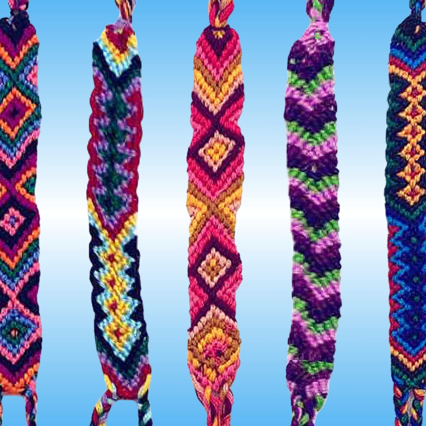 Five colorful knotted friendship bracelets with geometric patterns hanging vertically against a light blue gradient background.
